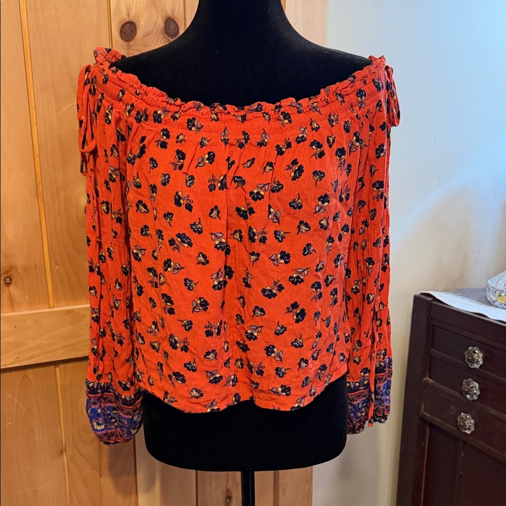 Chloe & Katie Orange Floral Off-Shoulder Blouse